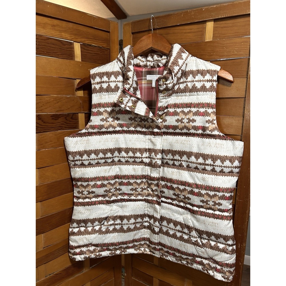 Charter Club Petite Medium Puffer Vest Fair Isle Brown Cream Winter. Zip